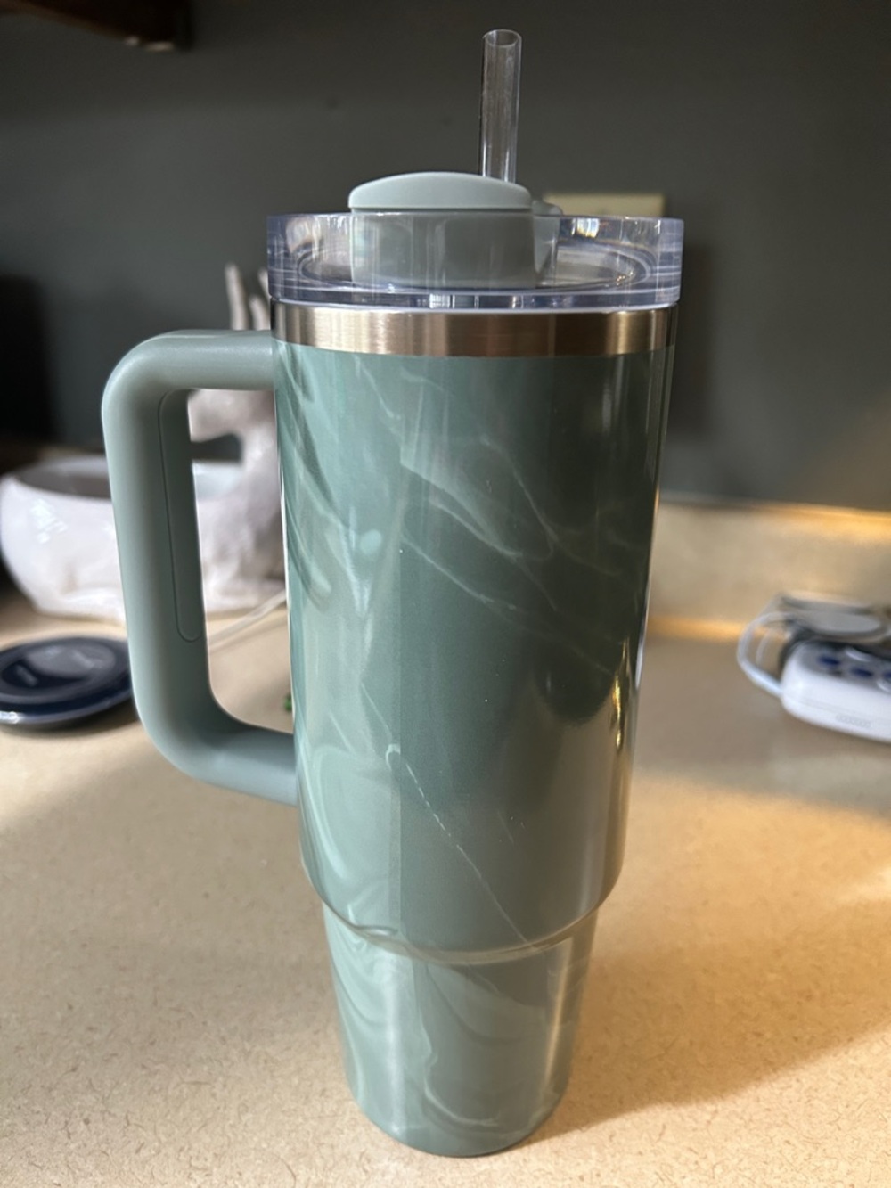 Stanley Sage Green Marble Agate Travel Tumbler with Handle & Straw 30oz - Picture 5 of 6